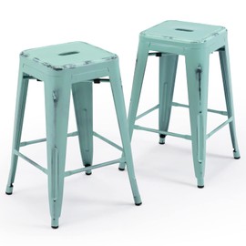 Vogue Furniture Direct 24 Inch Metal Bar Stools, Backless Counter Height Barstools, Indoor Outdoor Stackable Stools with Square Seat, Set of 2 (Distressed Mint Green)