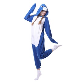 Myhengt Adult Blue Shark Onesies for Women Men Animal Cosplay Costume One Piece Fleece Pajamas (US, Alpha, Small, Blue shark)