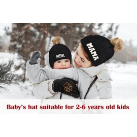 2PCS Parent-Child Beanie Hat Mama and Mini Embroidery Knitted Hat Winter Warm Cuffed Ski Cap with Pom Pom (White)