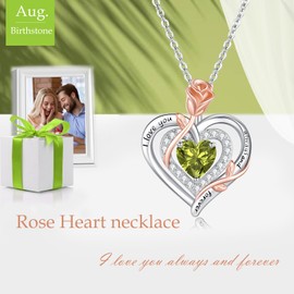 LAVUMO Women's Necklace 925 Silver Double Heart Rose Flower Chain Women's Birthstone Necklaces Mother's Day Birthday Valentine's Day Christmas Jewellery Gifts for Women Mum Girlfriend, Sterling Silver