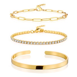 ALEXCRAFT Gold Women's Bracelet Set - Adjustable Women's Bracelet 3-Piece Classic Open Bracelets Adjustable Bracelets with Zirconia Jewellery Gifts