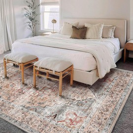 CHAMPLANT Area Rug 6'x9' Light Cyan and Light red Washable Vintage Traditional Floor Cover Thin Retro Kitchen Indoor Distressed Non Slip Carpet for Living Room Bedroom Dining Room