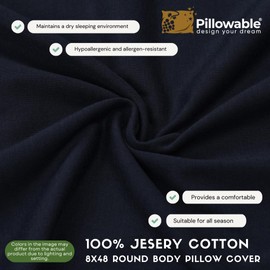 Pillowable - Case ONLY - Black 48x8 Jersey Cotton - Round Body Pillow Cover - Full Zipper Closure - Ultra Soft Organic Pillowcase - Round Bolster Roll Body Pillowcase