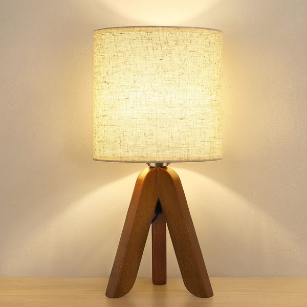 HAITRAL Wooden Tripod Table Lamp with Brown Base, Small Table