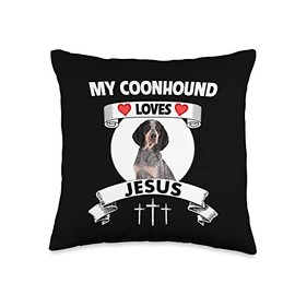 Red Blue Tick Coonhound Dog and Jesus Christian My Coonhound Loves Jesus Christian Hunting Dog Mom Dad Throw Pillow, 16x16, Multicolor