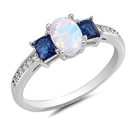 Blue Simulated Sapphire White Simulated Opal Ring New .925 Sterling Silver Band Size 8
