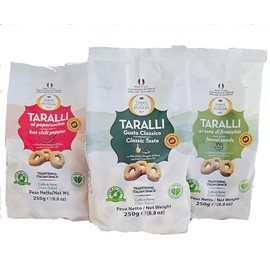 Terre Di Puglia Trio, Taralli Classic Olive Oil, Fennel Seeds, Hot Pepper Baked Snacks, Imported from Italy, 8.8oz (Pack of 3)+ Includes 1 Classic, 1 Hot Pepper and 1 Fennel style packs- SoHappyStore Bundle
