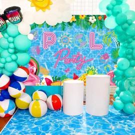Pool Party Backdrop Hawaiian Beach Ball Palm Flower Photography Background Cartoon Swimming Pool Banner Summer Vacation Aloha Party Decorations (8x6FT（240x180cm）)