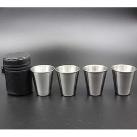 4 Pieces 70ml (2.36 oz) Stainless Steel Shot Cups Shot Glass Drinking Vessel with One Black PU-Leather Carrying Case Outdoor Camping Travel Coffee Tea Cup, Silver Cup, Black Case