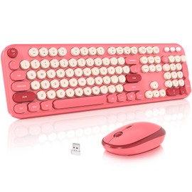 MOFII Wireless Keyboard and Mouse Combo, Cute Keyboard Full Size and Wireless Mouse, 2.4GHz Retro Typewriter Keyboard Wireless Mouse Set for PC/Desktop/Laptop/Windows (Hot Pink)