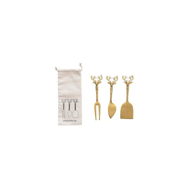 Creative Co-Op Reindeer Handle Brass Cheese Knives, Brass, Set of