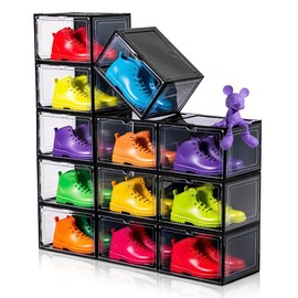 CKHXR 12 Pack Black Shoe Boxes Stackable,Large Shoe Storage Organizer with Magnetic Door,Drop Side Shoe Containers for Entryway,Sneaker Storage Fit up to US Size 12 for Men/Women(13’’x 10.62”x 8.26”