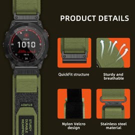 SumRioo QuickFit 26 mm Bracelet for Garmin Fenix 8/8 Solar 51 mm/7X Pro/7X/6X Pro/6X/5X Plus/5X/3/3HR, Nylon Sport Watch Strap for Garmin Tactix 8 51 mm, Enduro 3, Epix Pro (Gen2) 51 mm, Green