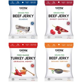 Jerky Variety Pack by Think Jerky — Delicious Chef Crafted Jerky — 100% All-Natural Grass-Fed Beef and Free-Range Turkey — Healthy Protein Snack Low in Calories, Salt and Fat — 2.2 Ounce (4 Pack)