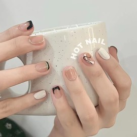 Press on Nails Square Short Length, 24 Pcs Natural Glossy Full Cover Reusable False Nails with Sticky Tabs, Artificial Acrylic Fake Nails with Line Designs, Stick on Nails Coffin with Glue for Women