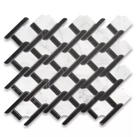 Stone Center Online C2D1XP Carrara White Marble Princess Weave Black Rope Mosaic Tile Polished