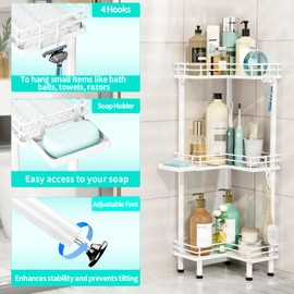 HapiRm Corner Shower Caddy Standing - 3 Tier Shower Organizer Corner with Soap Holder, Rustproof Bathroom Standing Organizer with 4 Hooks, White
