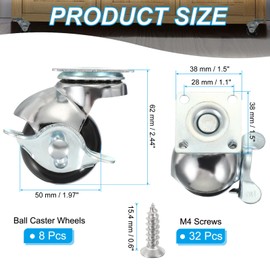 PATIKIL 2 Inch Ball Caster Wheels with Brake, 8 Pack 360° Rotating Swivel Top Plate Wheels Locking Caster with M8 Screws for Furniture Table Cabinet Chrome