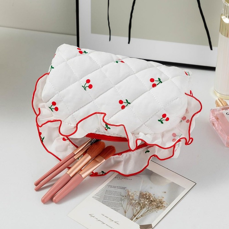 Quilted Travel Cosmetic Bag Organizer Stylish Cherry Print Makeup Pouch
