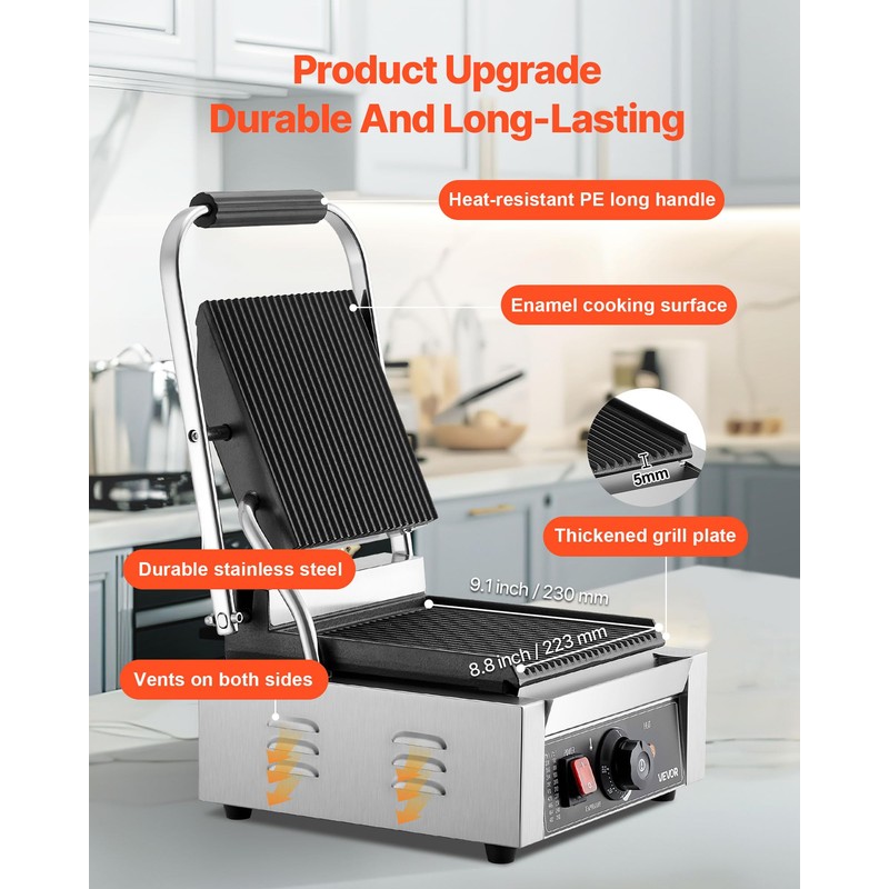 VEVOR Commercial Panini Grill, 1800W Electric Sandwich Panini Maker, Stainless