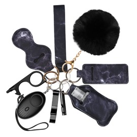 Safety Keychain Set for Women and Kids,Personal Safety Alarm,Soft Pom Pom and Whistle (Black)
