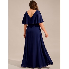Ever-Pretty Plus Women's Ball Gown V-Neck A Line Chiffon Applique Shawl Short Sleeves Maxi Plus Size Formal Dresses Navy Blue US18
