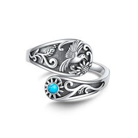 AXOMY Hummingbird Ring 925 Sterling Silver Turquoise Sunflower Adjustable Open Spoon Ring Victorian Style Bird Jewelry Mothers Gifts for Women Mom Grandma