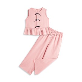 Handfrog Girls’ Clothing Sets Sleeveless Bow Crop Top Wide Leg Linen Pants 2025 Summer Outfits Cute Kids Clothes