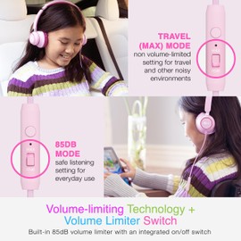 MEE audio KidJamz KJ45 Children’s Safe Listening Headphones with Volume Limiter & Microphone, Adjustable On-Ear Kids Headset Wired w/ 3.5mm Jack for Online Learning/School/Travel/Tablet (Pink/Magenta)