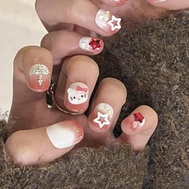 24Pcs Cartoon Press on Nails Short Square Fake Nails with Glue Cute Nail Charms Design Acrylic Nails Supply Cute Cartoon Charms False Nails Stick on Nails for Women and Girls DIY Nails Art Tips