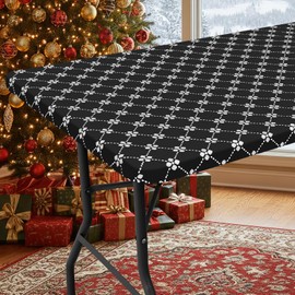 misaya Rectangle Vinyl Table Cloth, Elastic Fitted Tablecloth with Flannel Backing, 6 Foot Waterproof Plastic Table Cover for Camping, Indoor and Outdoor (Black, 30" x 72")