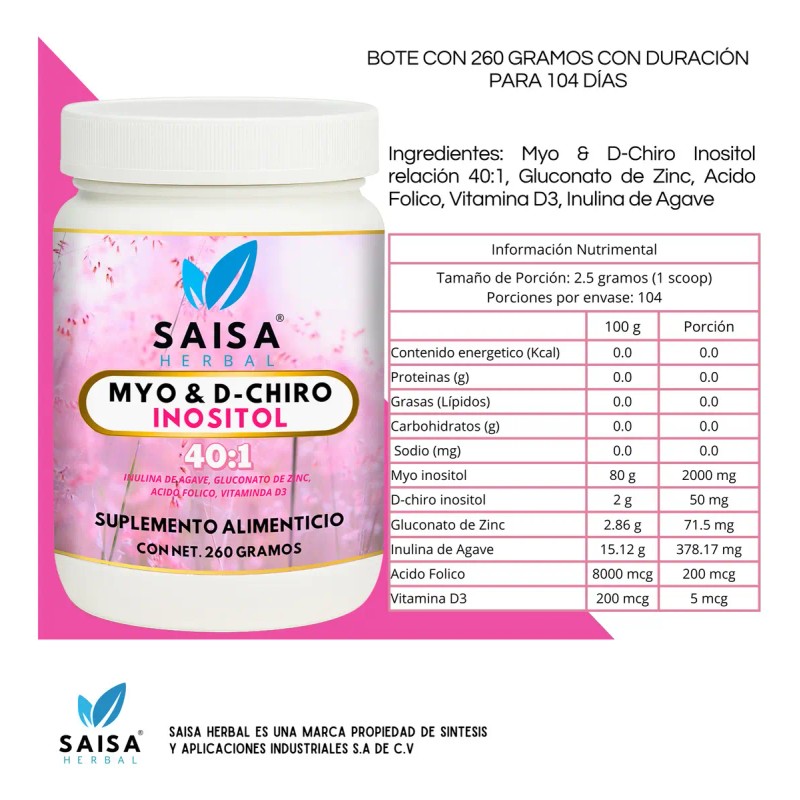 Myo Chiro Inositol Suplemento Alimenticio Potenciado Inulina Agave Zinc Ácido
