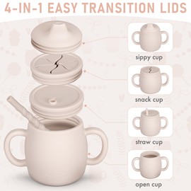 sophie + lauren 4-in-1 Silicone Sippy Cup with Snack and Straw Lid 6oz | Transition Training Cup for 6+ months to Toddler (Beige)