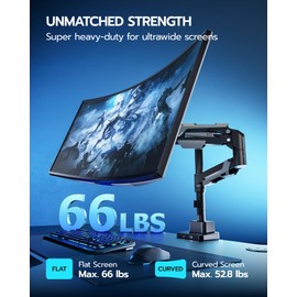 ARES WING Single Monitor Mount with USB, Ultrawide Monitor Arm for 24 to 57 Inch Heavy Duty Curved Screen, Adjustable Gas Spring Monitors Arm Stand up to 66LBS with 75/100/200 Vesa Mount, Black