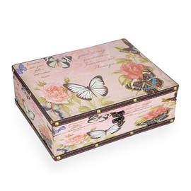 JuxYes Vintage Wood Treasure Chest Box PU Leather Keepsake Box Decorative Boxes Jewelry Storage Box Gift Box Trinket Organizer Container Memory Box Wooden Chest Box, Butterfly Pattern