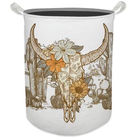 HKTZM Western Laundry Basket, Vintage Western Floral Bull Skull Waterproof Collapsible Laundry Hamper Dirty Clothes Storage Toy Bin Organizer for Western Bathroom Bedroom, Western Home Decor