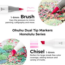 Ohuhu Marcadores Pastel Punta Pincel - 48 Colores Pastel Doble Punta, Set de Marcadores Honolulu Sweetness para Artistas Adultos Colorear Bocetos Ilustración - Pincel y Cincel