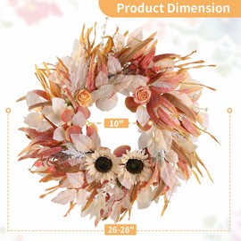 Sunflowers Fall Wreaths for Front Door, 26 Inch Autumn Wreath with Light Yellow Leaves and Paper Flowers, Outdoor Wreaths for Front Door Home Farmhouse Harvest Front Porch Fall Décor