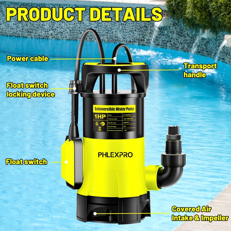 Submersible Water Pump 1HP 5300GPH High Flow Clean/Dirty Water Transfer