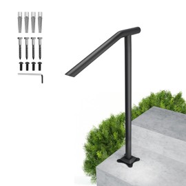 SPACEEUP handrails for Outdoor Steps Railing for Stairs,1-3 Steps Handrail, Black Steel Railing Round Type Stair Handrail for Stairs Railing with Expansion Bolts & Drill Bit
