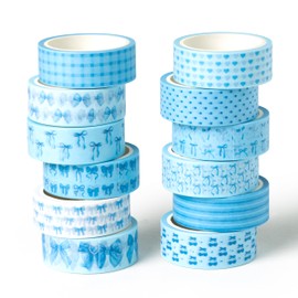 BkeeCten 12pcs Coquette Blue Washi Tape, Trendy Watercolor Blue Bow Cherry Preppy Aesthetic Decorative Tape, Cute Bowknot Heart Buffalo Plaid Artistic Tape for DIY Craft Scrapbook Wrapping Decor