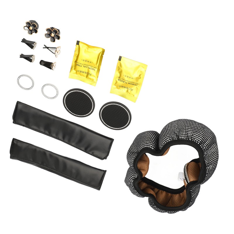 Bling Car Accessories Set Rhinestone Steering Wheel Cover Coaster Starter
