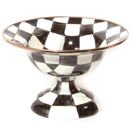MACKENZIE-CHILDS Enamel Compote, Cute Enamel Pedestal Serving Dish or Decorative Bowl, Small, Black-and-White Courtly Check