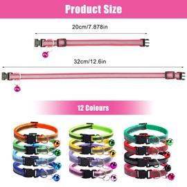 Pack of 12 Reflective Cat Collars, Cat Safety Clasp, Adjustable Length 20 cm - 32 cm, Soft, Skin-Friendly Cat Collar with Bell for All Cats and Puppies (12 Colours)