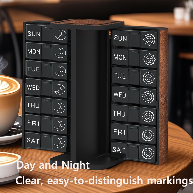 TALVOLC M PU Leather Weekly Pill Organizer, Detachable Travel Pill