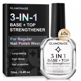 Glamonade Esmalte de uñas transparente 3 en 1: capa superior de secado rápido que evita manchas capa base y fortalecedor de uñas, alto brillo de larga