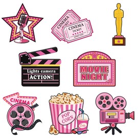 MOIZYNG 32 Pieces Movie Night Party Decorations, Double Sided Printing Camera Popcorn Cutouts Cards Table Toppers, Pink Movie Themed for Birthday Bridal Shower Girls Night Party Favors Supplies