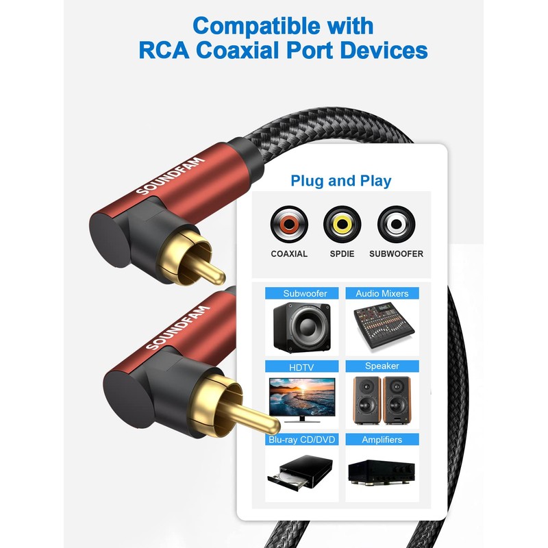 SOUNDFAM Dual 90 Degree RCA Cable Right Angle Subwoofer Cable