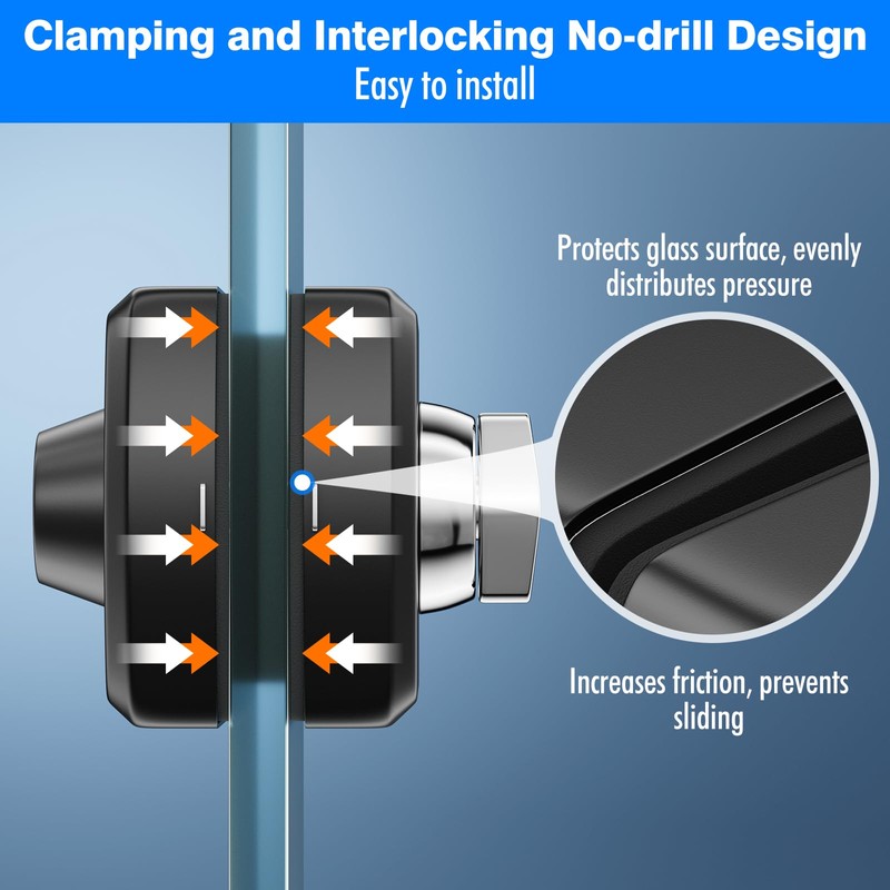 Ranbo Frameless Double-Sided Glass Door Lock,Clamp-On No-Drill,304 Stainless Steel,for 3/8"–1/2"