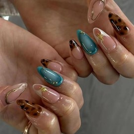 24PCS Almond French Tip Press on Nails Medium Length Stiletto Full Cover Acrylic False Nails Kit Gold Blue Brown With Leopard Designs Artificial False Stick on Nails For Women